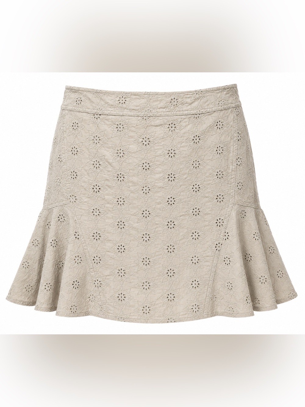 Tribal Eyelet Embroidered Cotton Skirt Size 14 Beige Tan Boho Flounce Hem